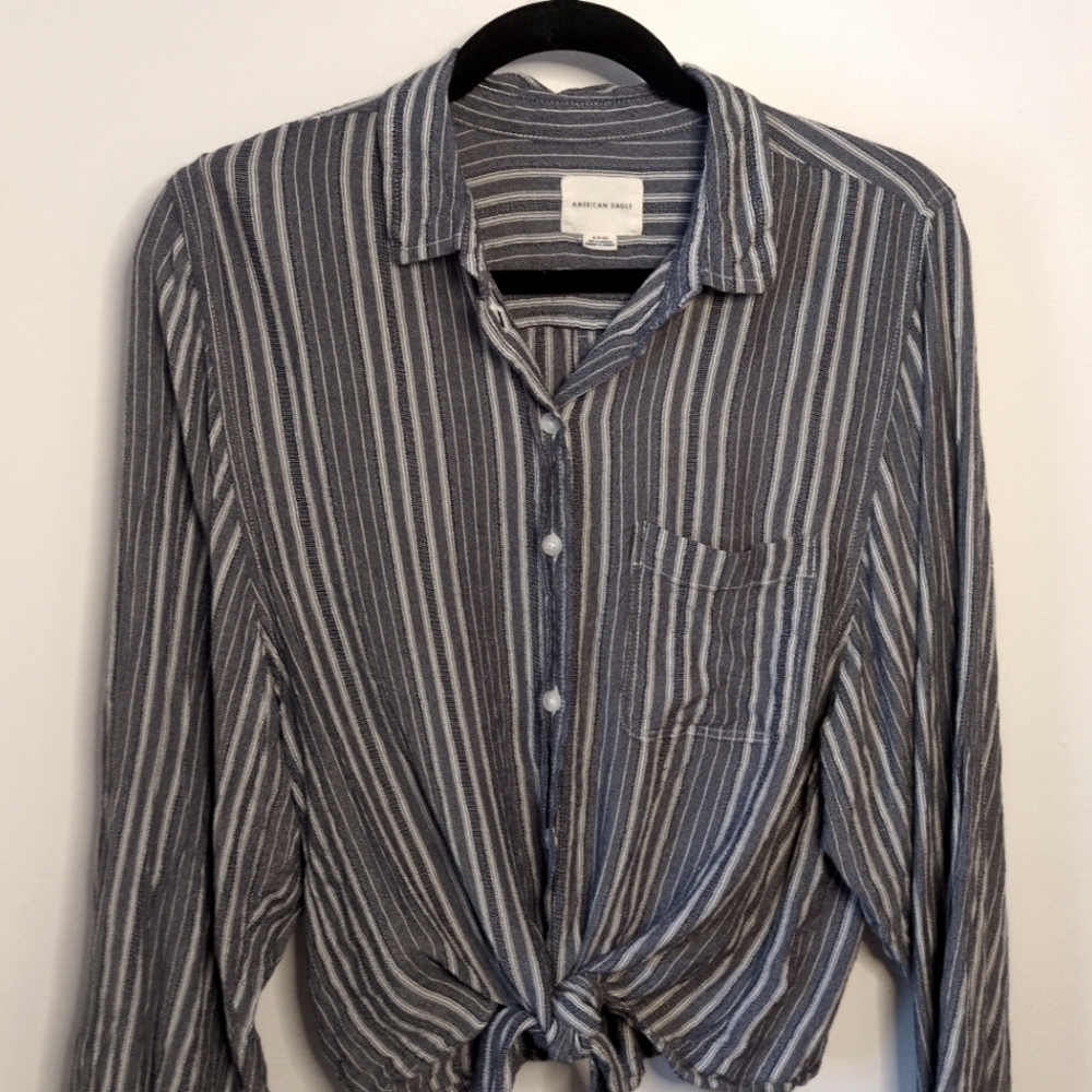 Blue Grey American Eagle Button Down Tie Front Top
